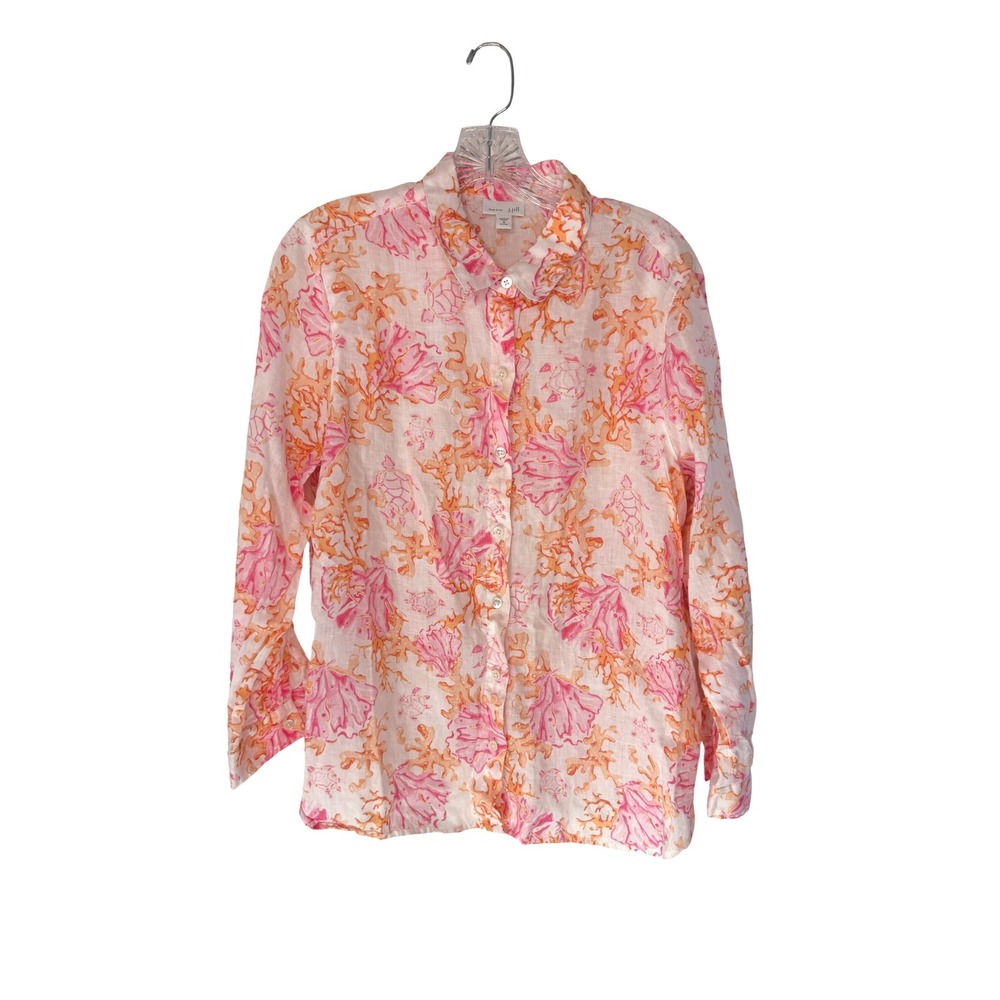 J. Jill Love Linen Button Down Shirt Pink Orange Turtle Lagenlook Coastal MP